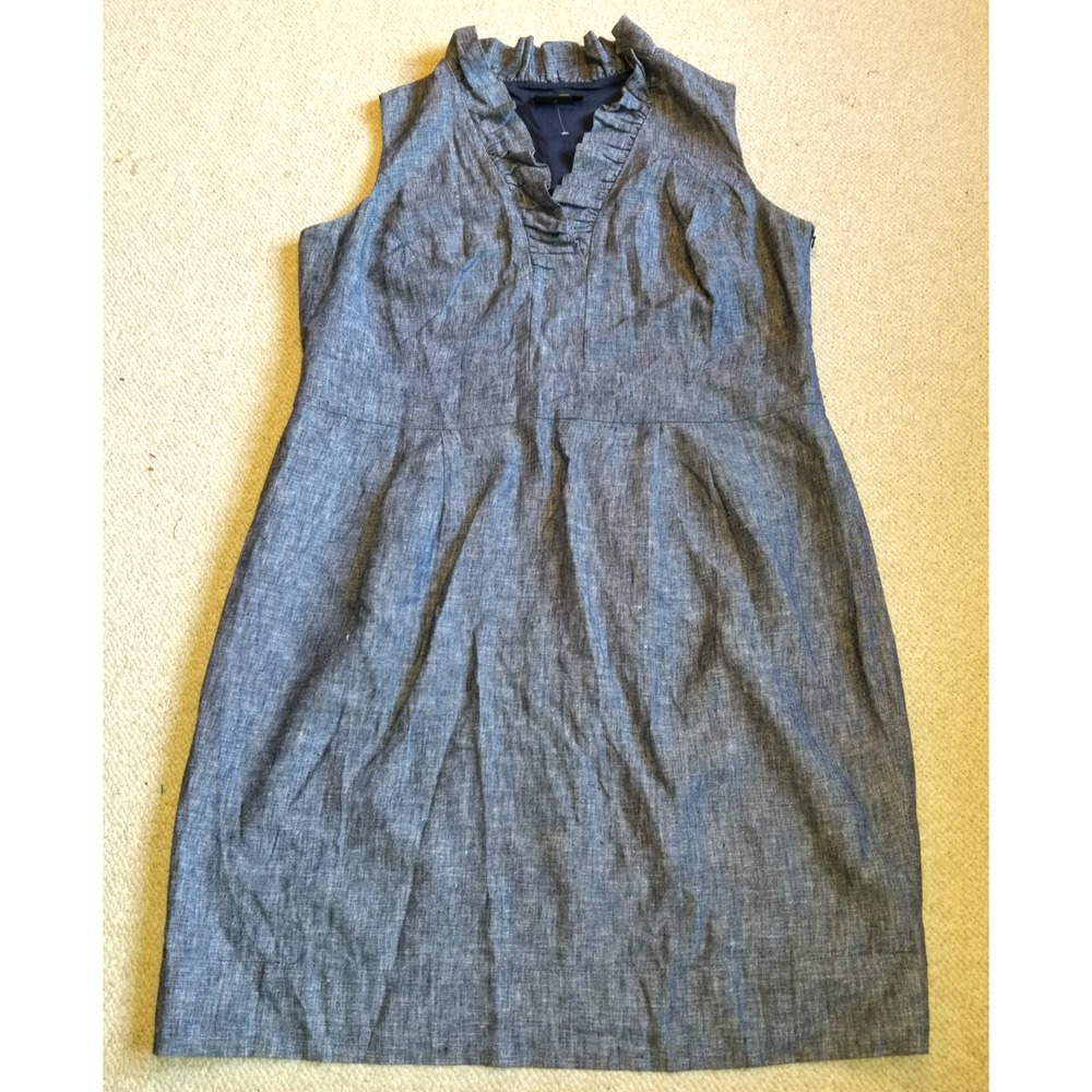 Womens Dress-JUST... TAYLOR-blue tweed linen ruffled Vneck Classic Preppy-18W